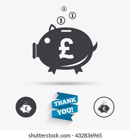 Piggy bank sign icon. Moneybox pound symbol. Flat icons. Buttons with icons. Thank you ribbon. Vector