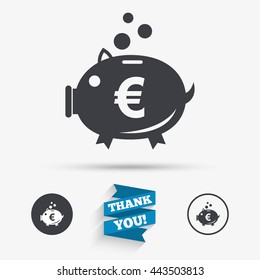 Piggy bank sign icon. Moneybox euro symbol. Flat icons. Buttons with icons. Thank you ribbon. Vector