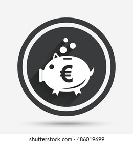 Piggy bank sign icon. Moneybox euro symbol. Circle flat button with shadow and border. Vector