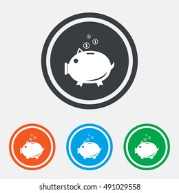 Piggy bank sign icon. Moneybox symbol. Graphic design web element. Flat piggy bank symbol on the round button. Vector