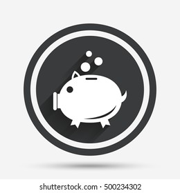 Piggy bank sign icon. Moneybox symbol. Circle flat button with shadow and border. Vector