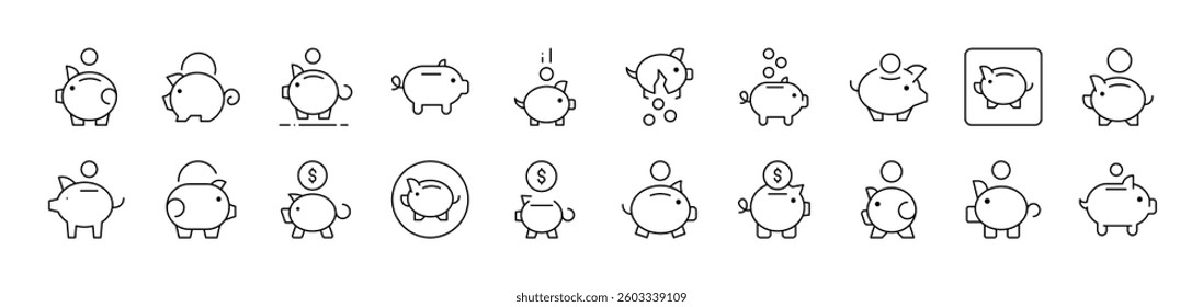 Piggy Bank Simple Icon Collection. Editable Stroke. Perfect for Infographics, Articles, Books, Flyers, Banners