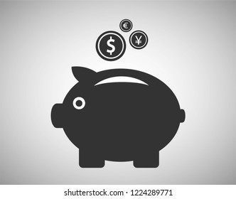 Piggy bank simple vector illustration in flat linework style. Piggy bank and dollar, euro and yen coins icon. Vector illustration EPS 10.