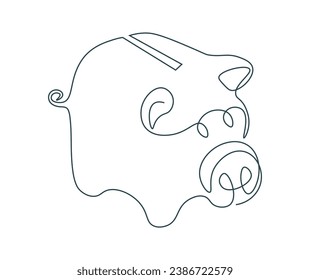 Piggy bank in single continuous line. One line drawing. Business and economics concept. Investment and saving money. Family budget. Editable stroke. Isolated vector doodle illustration.