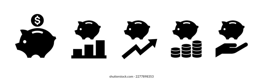 Piggy bank solid monochrome icon set. Saving money concept.