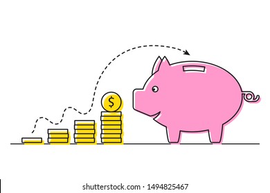 Piggy bank with stack of coins concept in linear art