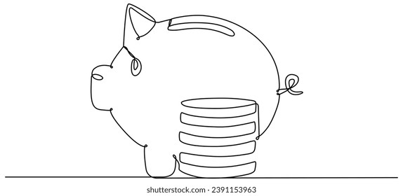 Piggy bank with stack coins continuous one line drawing. Saving money concept. Investment symbol. Vector hand drawn illustration isolated on white.