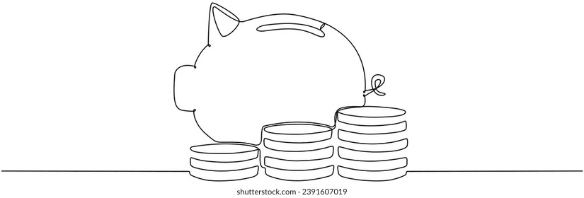 Piggy bank with stack coins continuous one line drawing. Saving money concept. Investment symbol. Vector hand drawn illustration isolated on white.