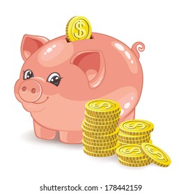 Piggy bank with a stack of coins. Vector illustration
