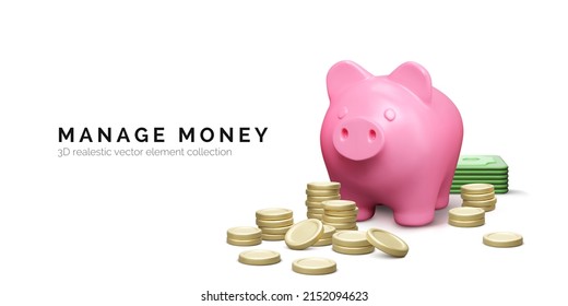 Piggy Bank With Stack Of Gold Coins. Money Savings Concept. 3D Realistic Pig And Money Stack. Finance Investment And Business Concept. Vector Illustration