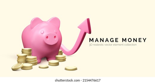 Piggy bank with stack of gold coins and growth up arrow. Money management. 3D realistic pig and money stack. Finance investment and business concept. Vector illustration