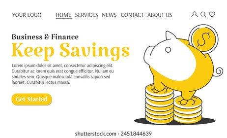 Piggy bank standing on coins. Money creative concept. Keep savings. Business and finance template for website. For banner, landing page. Vector illustration, flat style