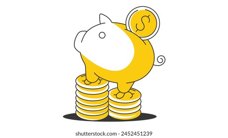 Piggy bank standing on coins. Money creative concept. Keep savings. Business and finance vector illustration, flat style. For banner, poster, sticker, icon, advertisement