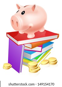 A piggy bank standing on a stack of books and surrounded by coins. Concept for eduction savings or other literacy related budget theme