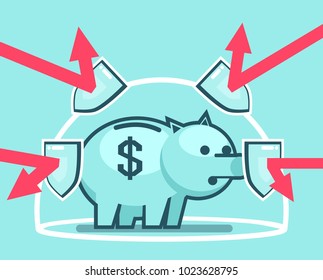 Piggy bank stands in force field protected from outside dangers. Financial insurance concept. Simple style vector illustration