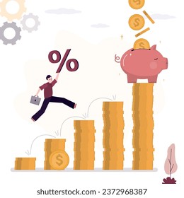 Piggy bank stands at the top of money stakes and brings great profits and savings. Smart man holds percent sign in hand and climbs up profit chart. High passive income, earnings, pension funds. vector