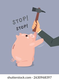 A Piggy Bank Stops Breaking From Hammer. Broken Piggy Bank, Finance Crisis Concept. Illustration Vector Cartoon.