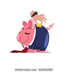 Piggy bank in suit. hand inserting coin. rich concept - vector illustration