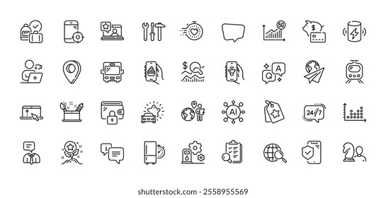 Piggy bank, Swipe up and Chess line icons pack. AI, Question and Answer, Map pin icons. Spanner tool, Online rating, Chat message web icon. Timer, Charge battery, Wallet pictogram. Vector