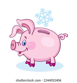 Piggy bank - symbol of the New Year in cartoon style on white background.