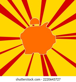 Piggy bank symbol on a background of red flash explosion radial lines. The large orange symbol is located in the center of the sun, symbolizing the sunrise. Vector illustration on yellow background