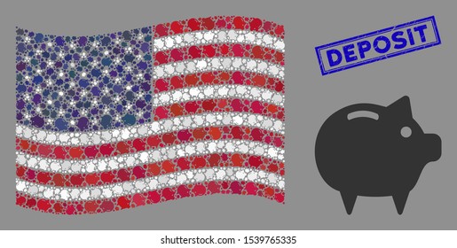 Piggy bank symbols are combined into American flag abstraction with blue rectangle corroded stamp seal of Deposit caption.