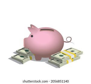 piggy bank and there are piles of dollar bills around eps10 around eps10