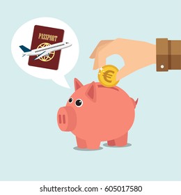 Piggy bank thinking of holidays and hand holding a euro coin. Save money concept. Vector illustration
