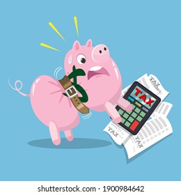 Piggy bank tighten belt with calculator word tax, illustration vector cartoon