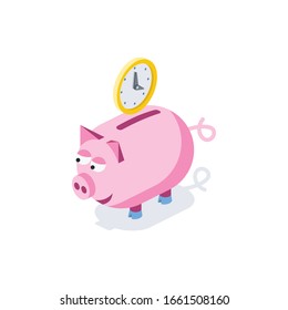 Piggy bank time clock. Vector 3d isometric, color web icon, new flat style. Creative illustration design, graphic idea for infographics.
