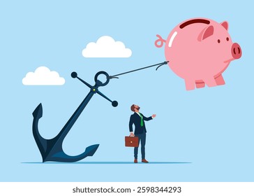Piggy bank trying hard to fly away forward with anchor. Hard work and struggle in business. Flat vector illustration