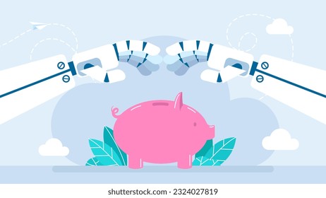 Piggy bank under roof. Artificial intelligence protection of savings. Hands robot on a piggy bank as a roof. Business income protection. Electronic money under supervision. Vector illustration