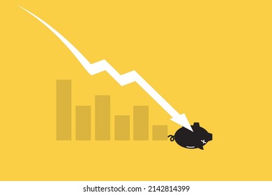 piggy bank upside down because Financial crisis, depletion of savings and bankruptcy. Devaluation, inflation. Impoverishment. Refinancing restructuring of debts