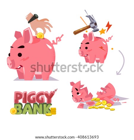 Piggy bank in various action. inserting coin. smash with hammer. broken piggy bank  - vector illustration