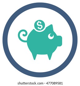 Piggy Bank vector bicolor rounded icon. Image style is a flat icon symbol inside a circle, cobalt and cyan colors, white background.