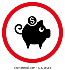 Piggy Bank vector bicolor rounded icon. Image style is a flat icon symbol inside a circle, intensive red and black colors, white background.