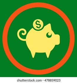 Piggy Bank vector bicolor rounded icon. Image style is a flat icon symbol inside a circle, orange and yellow colors, green background.