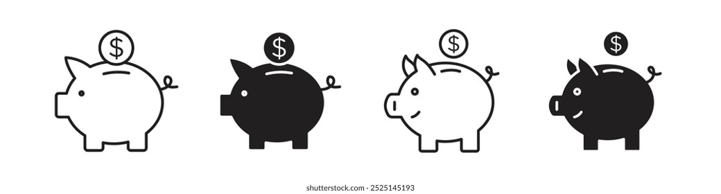 Piggy bank vector filled and outlined icons collection set