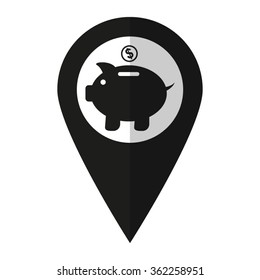 Piggy bank - vector icon;  black map pointer