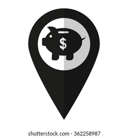 Piggy bank - vector icon;  black map pointer