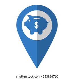 Piggy bank - vector icon; blue  map pointer