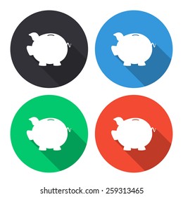 Piggy bank vector icon - colored(gray, blue, green, red) round buttons with long shadow