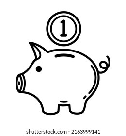 Piggy Bank Vector Icon. Cute Money Box With A Coin. Symbol Of Currency Accumulation, Saving, Investing. Hand Drawn Illustration Isolated On White Background. Simple Black And White Outline