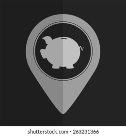 Piggy bank vector icon - map pointer. Flat design