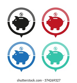 Piggy bank - vector icon; map pointer;  message bubble