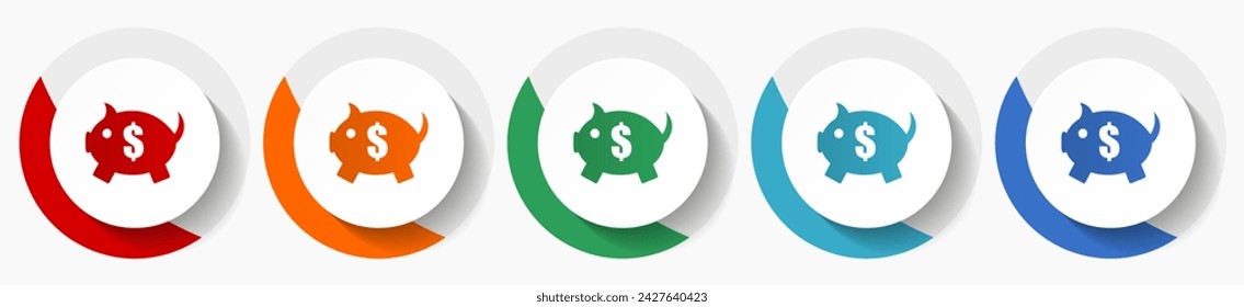 Piggy Bank Vektor-Icon-Set, flache Icons für Logo-Design, Webdesign und mobile Anwendungen, bunte runde Tasten