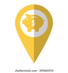 Piggy bank - vector icon;  yellow map pointer