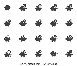 Piggy bank vector icons set, modern solid symbol collection, filled style pictogram pack. Signs, logo illustration. Set includes icons money savings, business bankruptcy, banking, financial investment