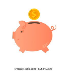 Piggy bank vector illustration. Icon saving or accumulation of money. Icon piggy bank in a flat style, isolated. The concept of banking or business services. Big coin and piggy bank