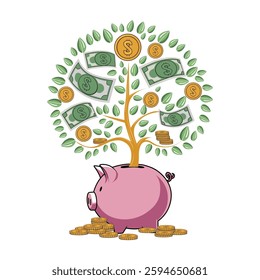 piggy bank vector, Piggy bank pig next to a tree made of gold coins money more dollar Suitable for Manufacturing T-Shirt, Sticker, Coloring Book, vector illustration etc.